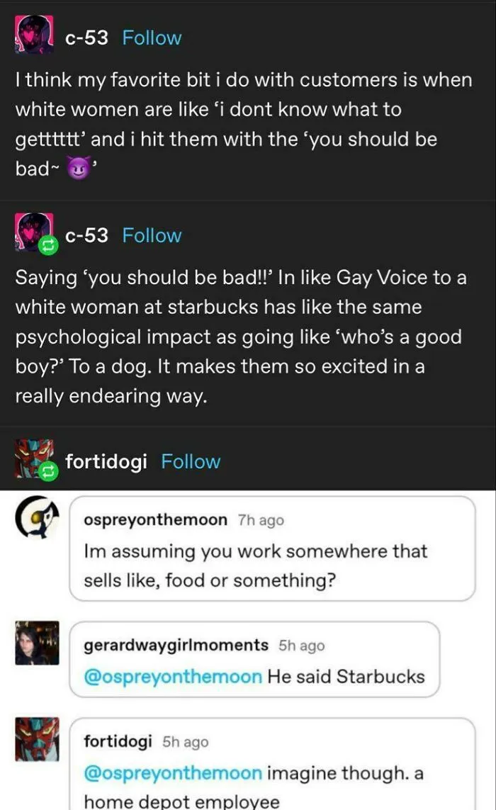 Tumblr conversation about using playful phrases with customers at Starbucks