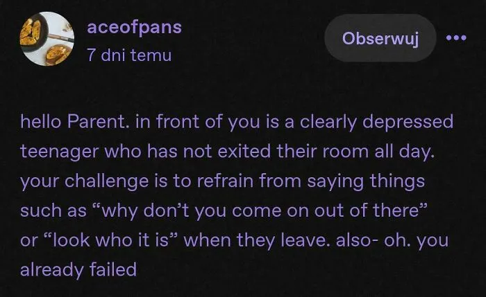 Tumblr text post about a depressed teenager and parenting challenges