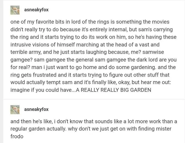 Tumblr text post humorously discussing Lord of the Rings and Samwise carrying the ring