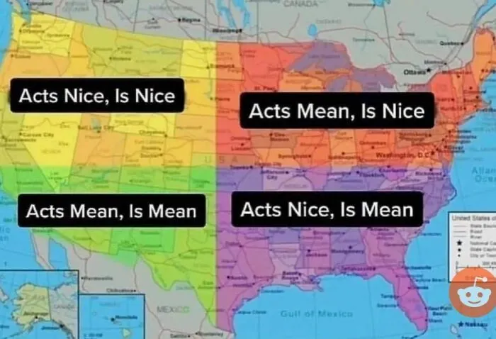 US map showing regional behavior types in a humorous Reddit post
