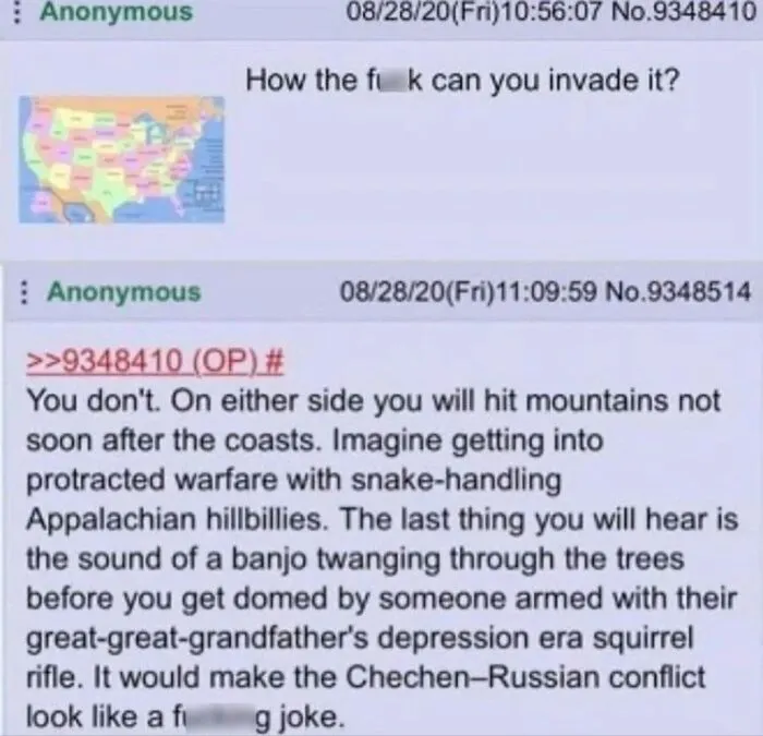 Anonymous forum post explaining why invading America is difficult due to terrain and locals