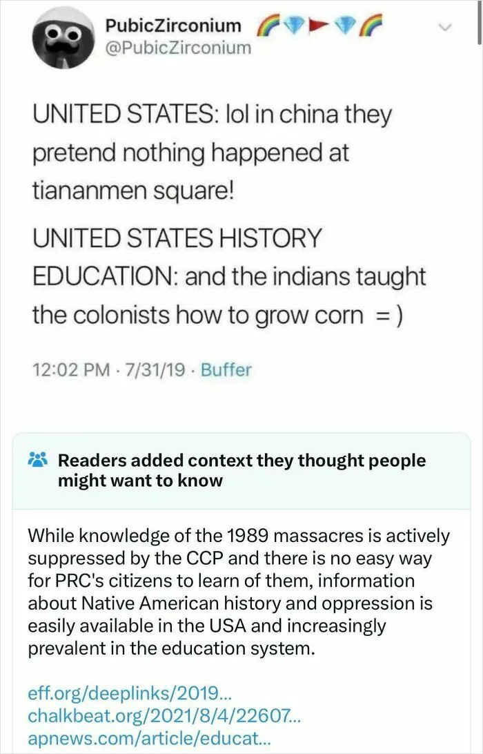 Tweet comparing USA history education on Native Americans versus China censorship