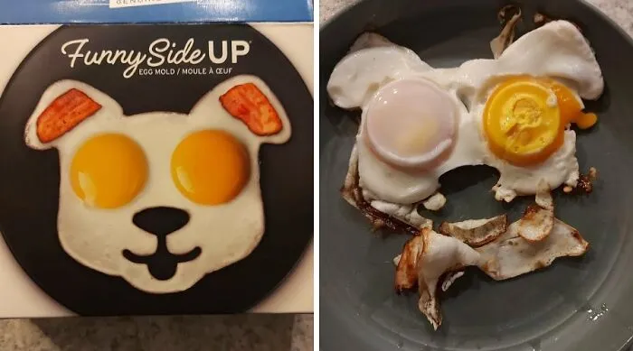 Egg mold compared to unevenly cooked eggs in a failed cooking attempt