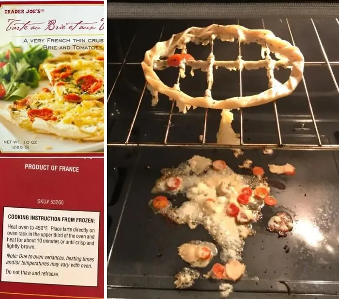 Failed brie and tomato tart cooked in oven turned into mess