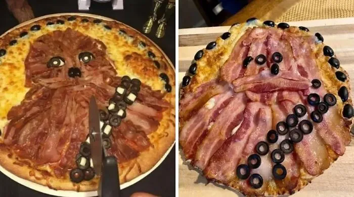 Homemade bacon pizzas with uneven toppings resembling a failed cooking attempt