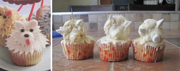 Cupcakes badly decorated as dogs showing failed baking