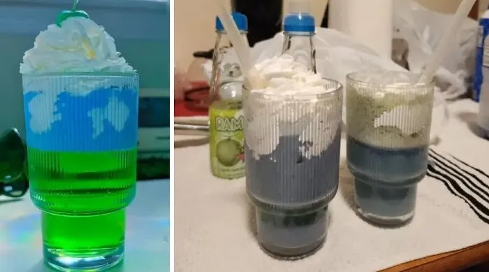 Unsuccessful cooking drinks topped with whipped cream and unusual layering