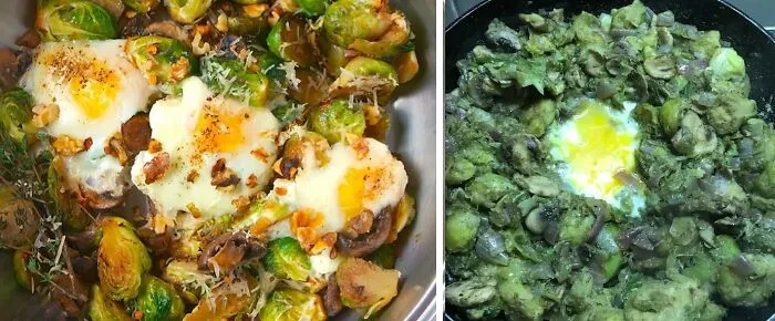 Cooking fails with overcooked brussels sprouts and unevenly cooked eggs