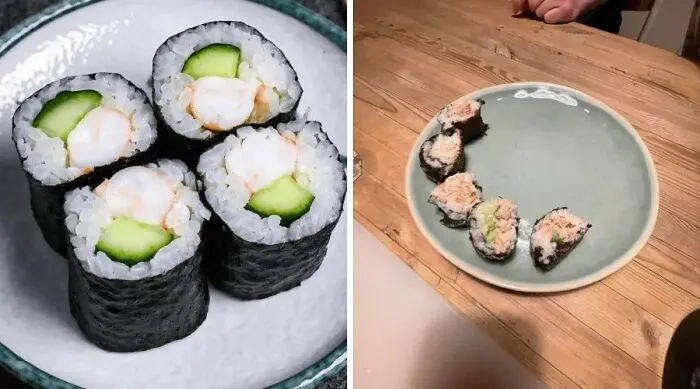 Homemade sushi rolls poorly made and falling apart