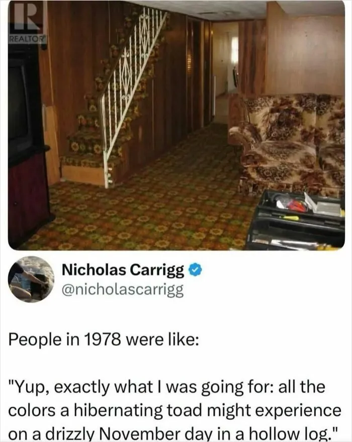 1970s retro living room with floral carpet and staircase vintage home interior meme