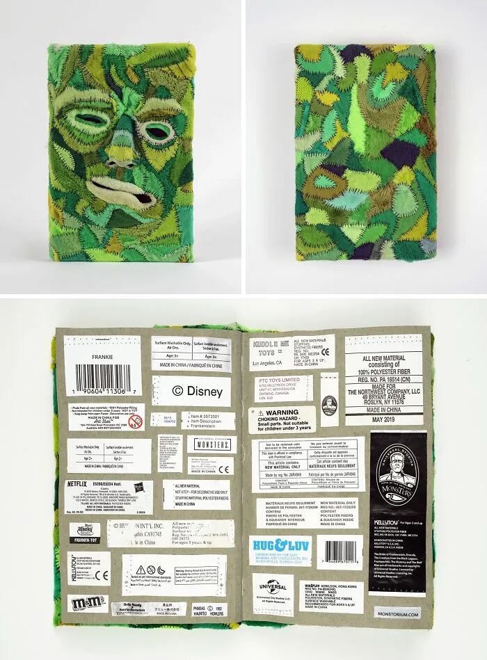 Green patchwork fabric face mask in stitched plush material as part of unusual sculptures.