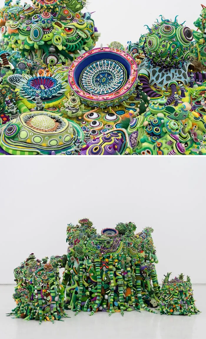 Extremely detailed, colorful fabric sea life structures representing unusual sculptures.
