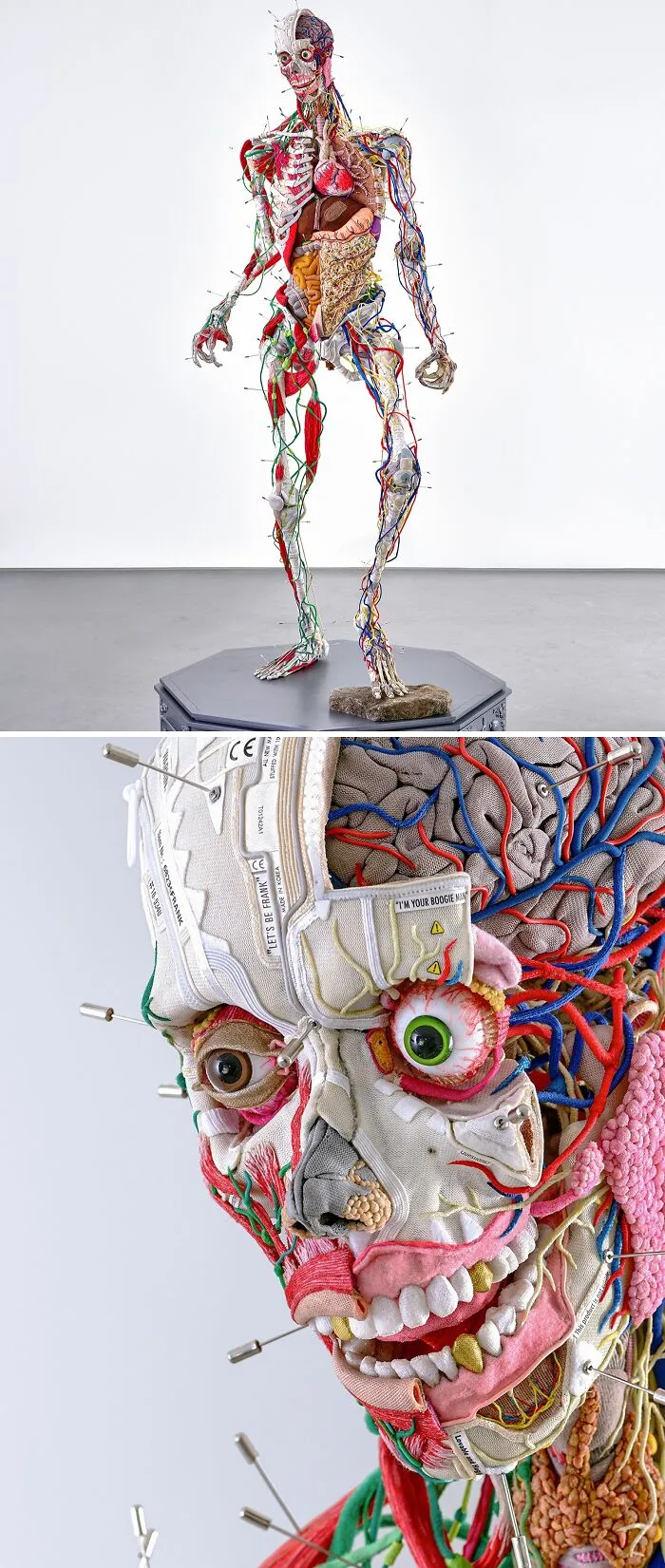 Full view of unusual sculptures featuring a life-sized human figure made of colorful threads and textiles