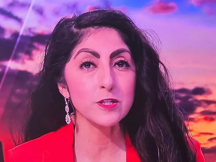 A woman on a news broadcast with very high, unnaturally curved drawn eyebrows, showing beauty procedures fails