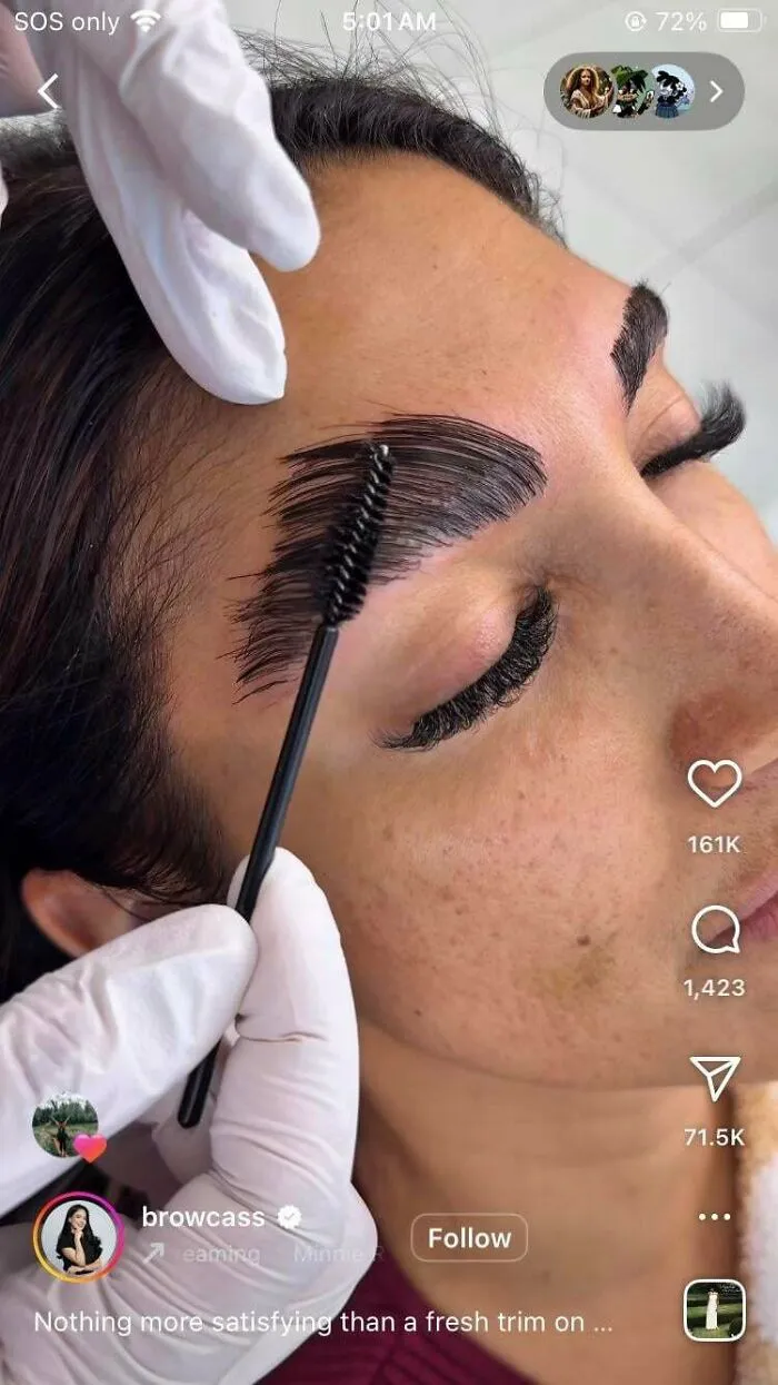 An extreme eyebrow lamination result being brushed, highlighting common beauty procedures fails.