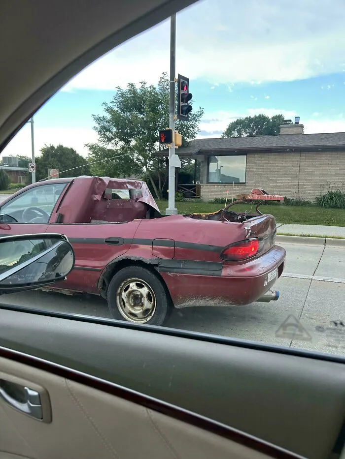 Questionable DIY projects example showing a red car modified into a homemade pickup truck.