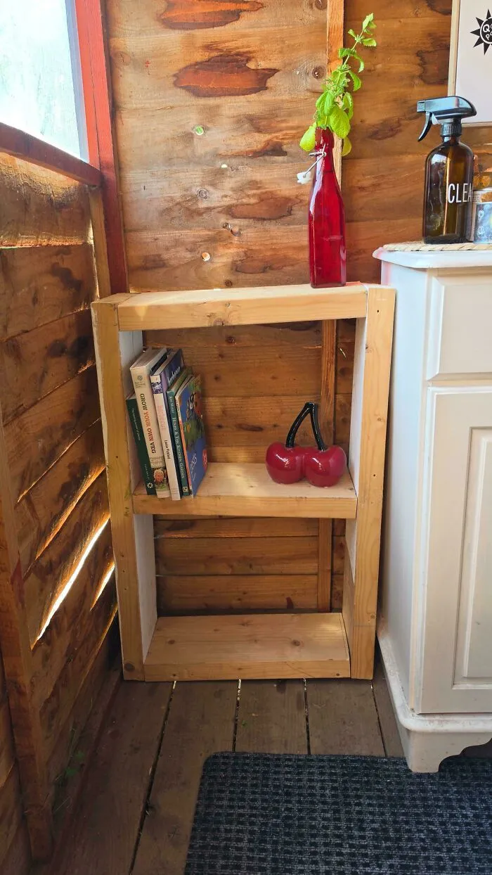 A simple handmade wooden shelf holding books as one of many functional DIY projects.