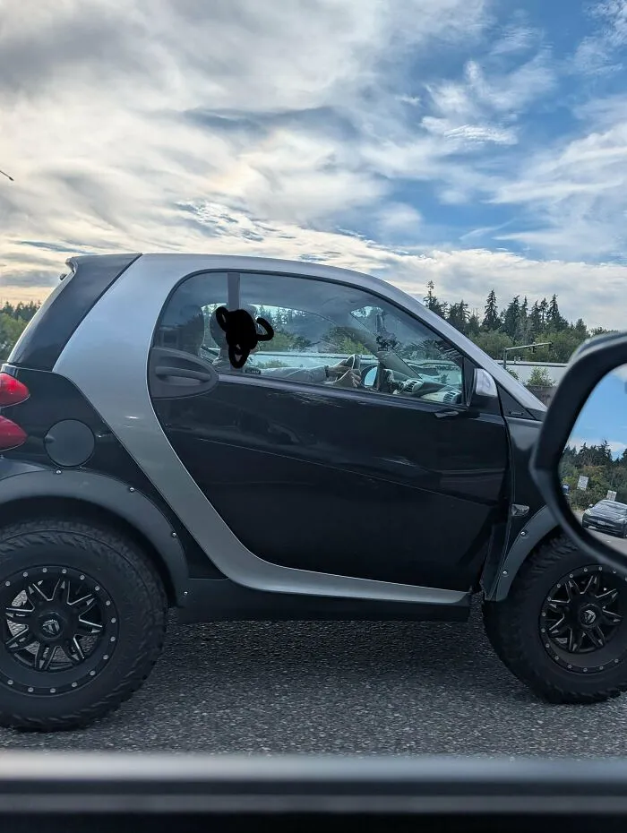 Side view of a tiny smart car modified with oversized off-road tires as a questionable DIY project.