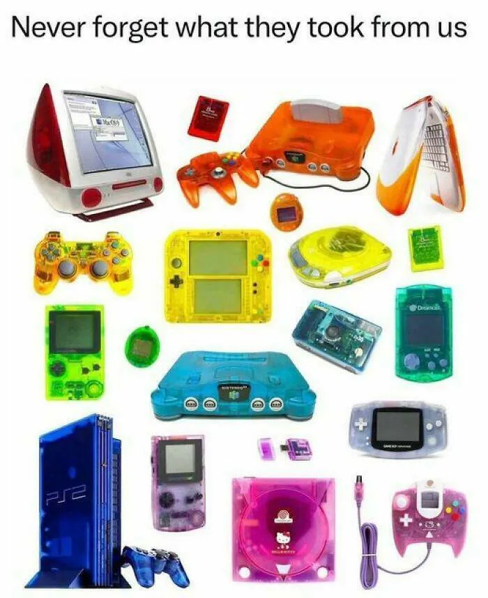 A collection of colorful and translucent electronic gadgets from the 90s, including game consoles.