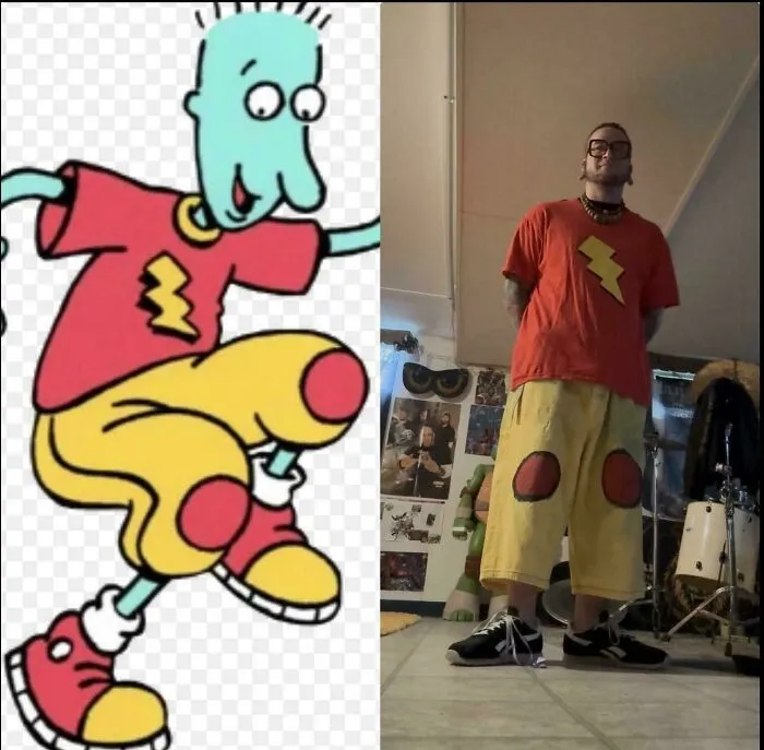 Side-by-side comparison of '90s cartoon character Skeeter Valentine and a real-life cosplay