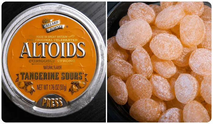 A tin of Altoids Tangerine Sours next to the candies, representing nostalgic posts about the 90s.