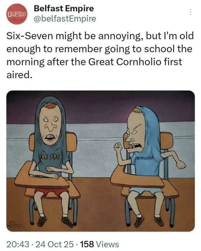 Screenshot of Beavis and Butt-Head cartoon characters with shirts over their heads in a classroom.