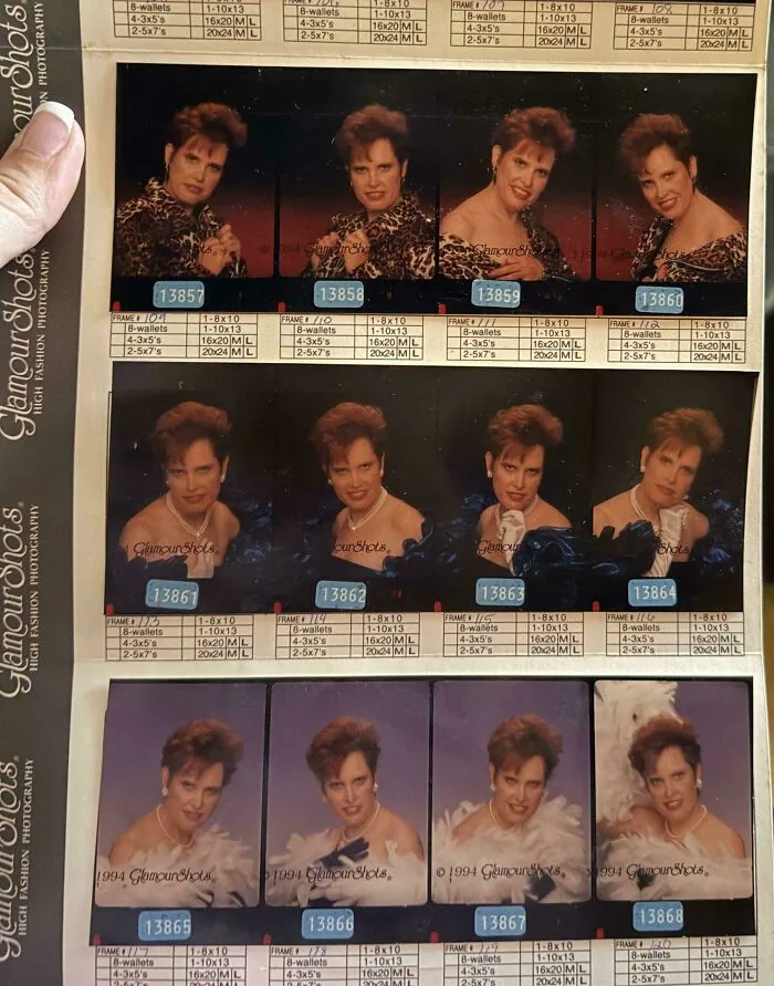 A sheet of 1990s Glamour Shots portraits featuring a woman with big hair and leopard print styling