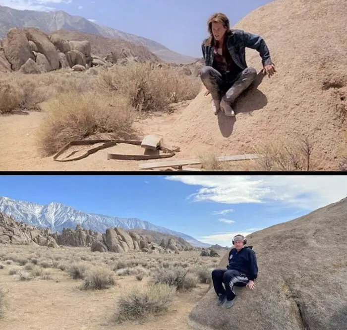 A comparison photo of Kevin Bacon from the 90s movie Tremors and a fan in the same desert location today