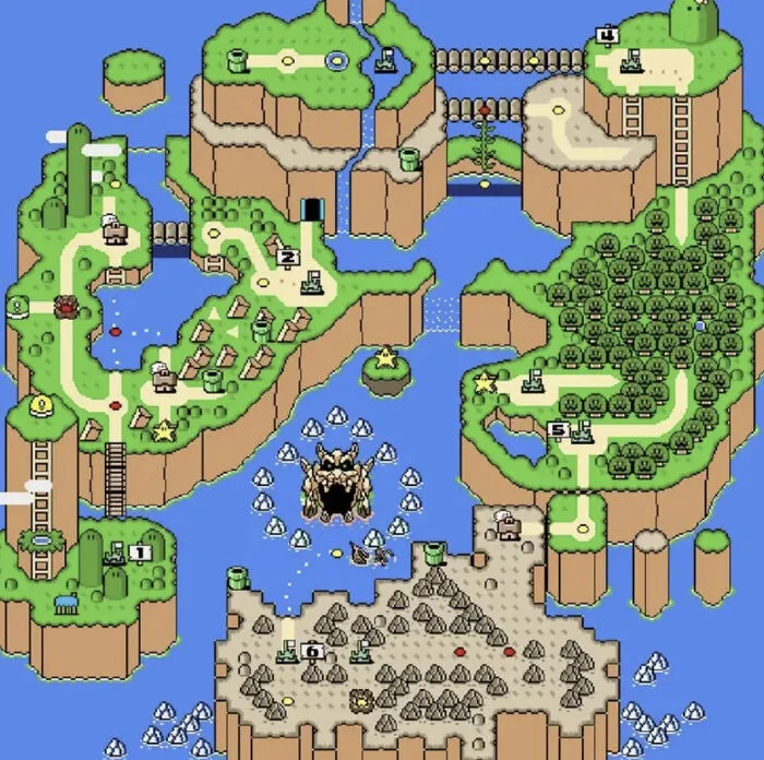 A classic 16-bit video game world map screen showing islands and paths, recalling 90s gaming memories.