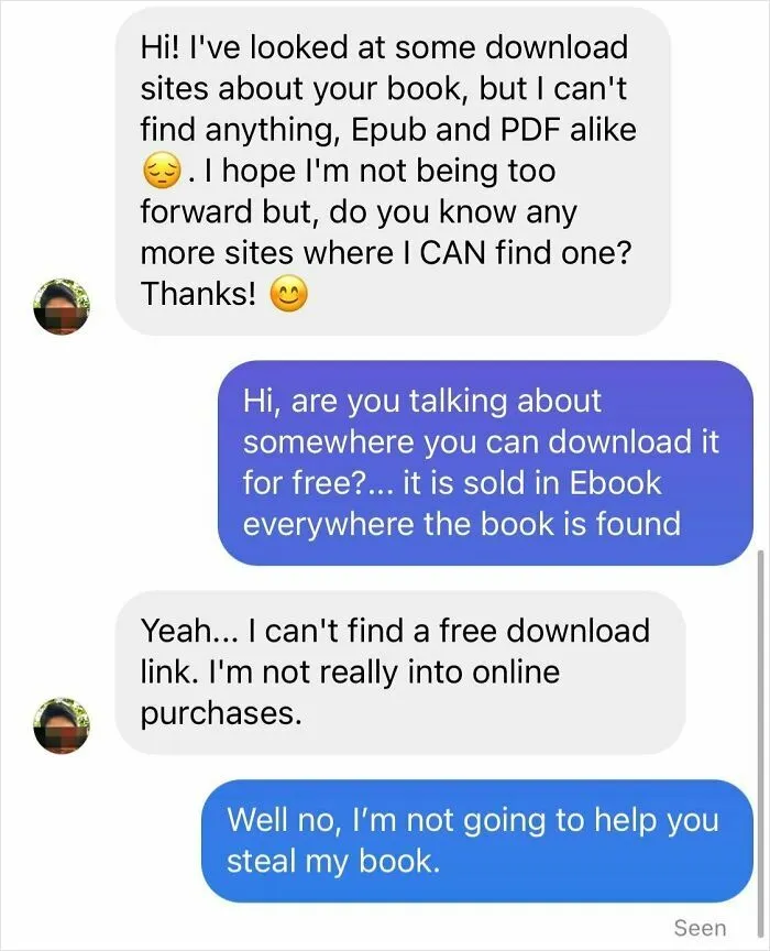 Chat screenshot where entitled people ask an author for free book download sites to avoid buying the book.