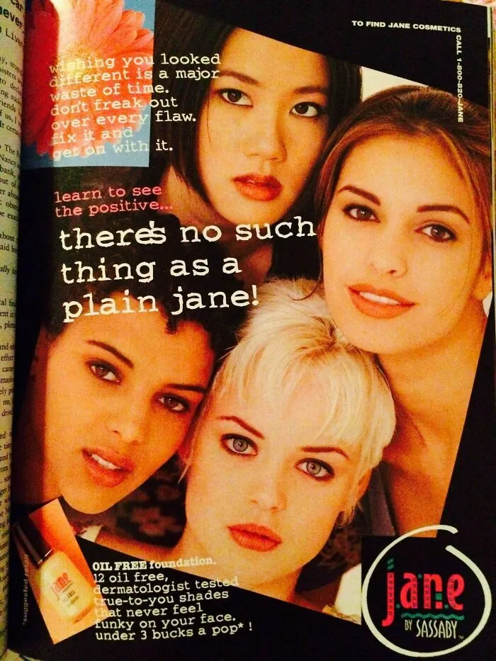 A retro print advertisement for Jane Cosmetics featuring four young women from the '90s.