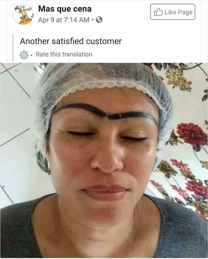 Woman with a single connected unibrow drawn in black ink, demonstrating funny beauty procedures fails.