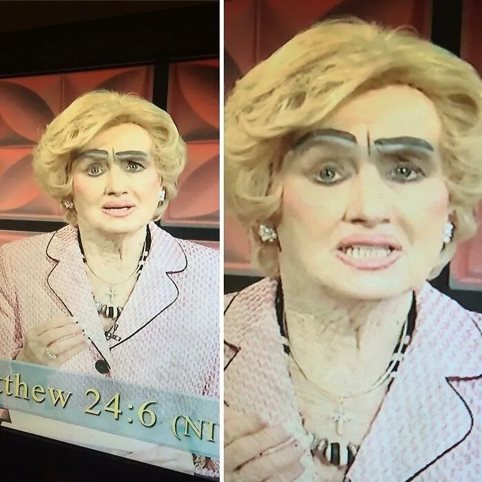 A woman on a TV broadcast with thick, dark, and unevenly drawn eyebrows, showing beauty procedures fails