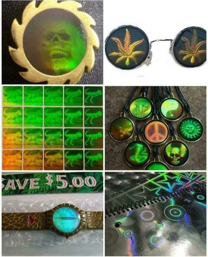 A collection of 90s holographic stickers and accessories