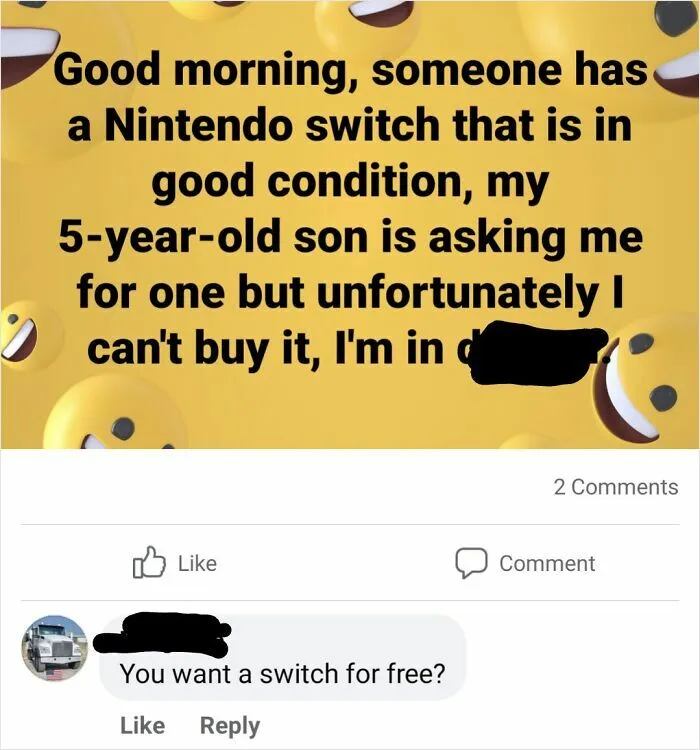 Facebook post showing entitled people asking for a free Nintendo Switch console for their kid.