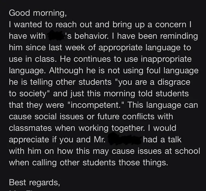 A teacher email sent to a father regarding student classroom behavior
