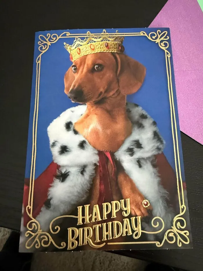 A birthday card featuring a brown dog wearing a golden crown and regal royal cape.