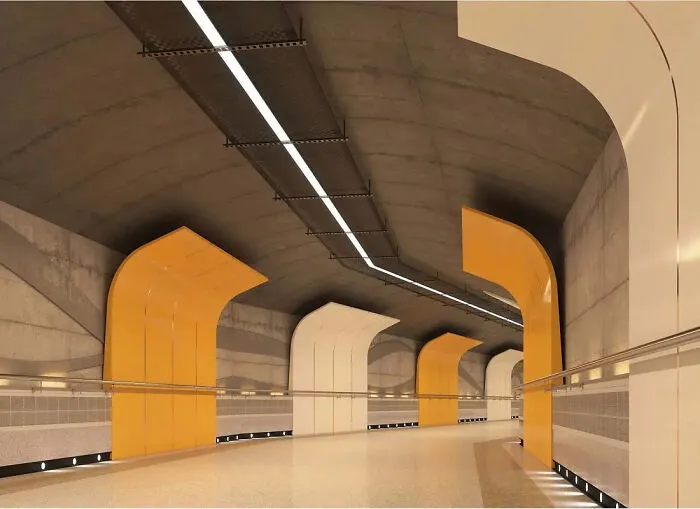Modern architectural masterpieces in a futuristic subway tunnel with yellow arches and sleek overhead lighting.