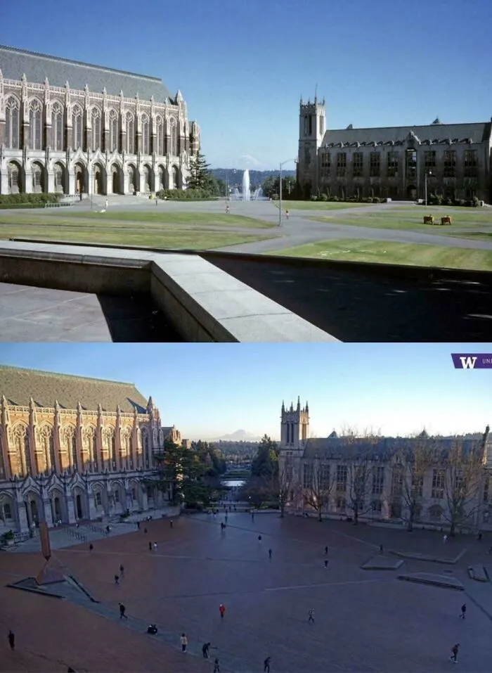 Campus quad with gothic style buildings showing architectural masterpieces and historic university design