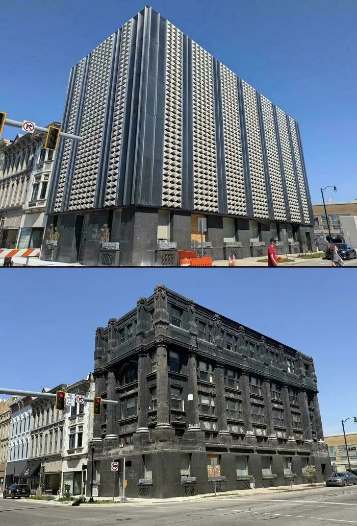Before and after view of building renovation showing unique architectural masterpieces in urban style