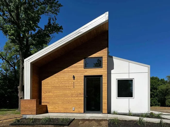 Modern minimalist house with a slanted roof and wood paneling, an architectural masterpiece.