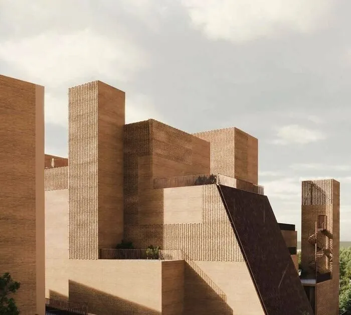 Complex brick building design with geometric towers showcasing creative architectural masterpieces.