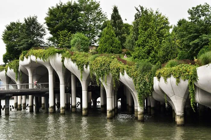 Little Island park in New York, a unique architectural masterpiece featuring elevated concrete support pillars.