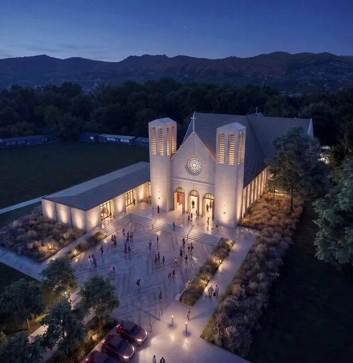 Aerial evening view of a grand modern church complex highlighted as an architectural masterpiece.