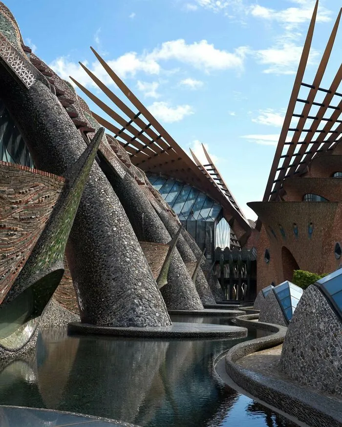 Futuristic organic design with sloped pillars over water exemplifying architectural masterpieces in modern design