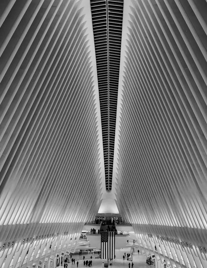 Symmetrical interior view of a modern ribbed structure illustrating stunning architectural masterpieces.
