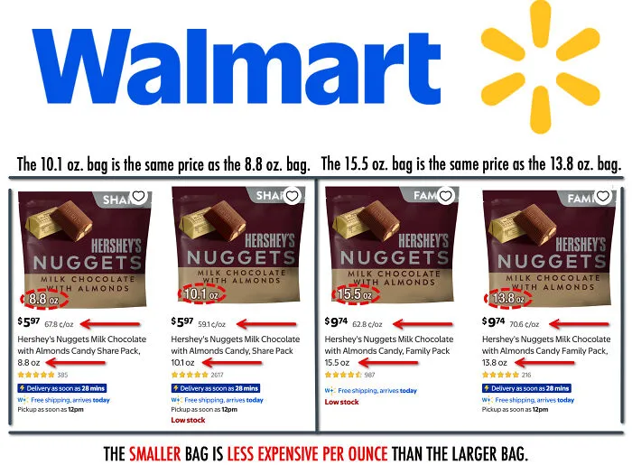 Walmart price comparison of candy bags demonstrating smart frugal tips for grocery shopping.