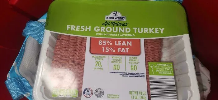 Package of ground turkey on sale as part of budget grocery shopping and frugal tips for saving money.