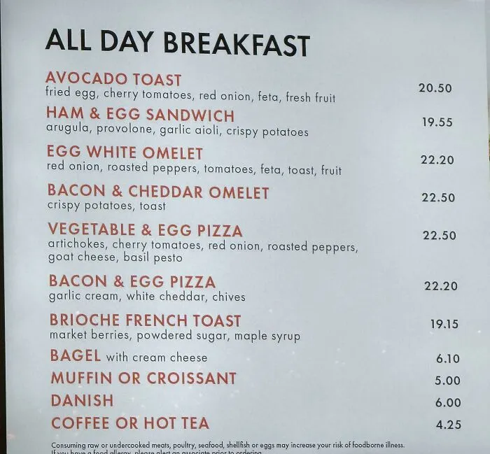 Restaurant menu showing high prices for breakfast, illustrating the need for frugal tips to manage expenses.