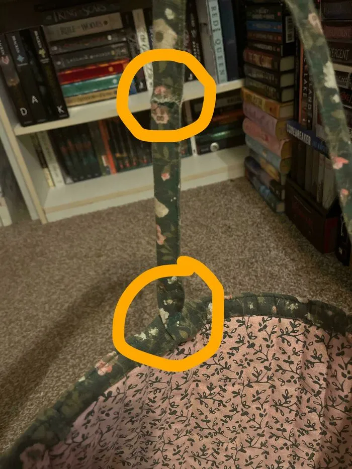 Hand-sewn fabric bag handle repair highlighted for frugal tips on reusing items.